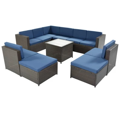 9pc Wicker Patio Sectional Seating Set With Cushions - Brown/Blue - GODEER 3 9pc Wicker Patio Sectional Seating Set With Cushions - Brown/Blue - GODEER - Image 3