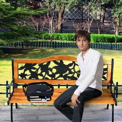 Patio Park Garden Bench Porch Path Chair Furniture Cast Iron Hardwood 4 Patio Park Garden Bench Porch Path Chair Furniture Cast Iron Hardwood - Image 4