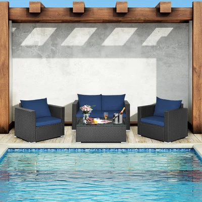 Costway 4PCS Patio Rattan Furniture Set Cushioned Sofa Loveseat With Navy & Turquoise Cover 3 Costway 4PCS Patio Rattan Furniture Set Cushioned Sofa Loveseat With Navy & Turquoise Cover - Image 3