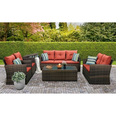 6pc Wicker Outdoor Conversation Set With Cushions - Orange - EDYO LIVING 2 6pc Wicker Outdoor Conversation Set With Cushions - Orange - EDYO LIVING - Image 2