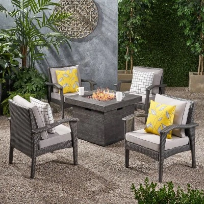 Keana 5pc Faux Rattan Club Chair & Fire Pit Chat Set - Christopher Knight Home 1 Keana 5pc Faux Rattan Club Chair & Fire Pit Chat Set - Christopher Knight Home