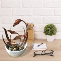 15" Indoor Metal Floral Leaf Tabletop Fountain With Stone-Filled Base Bronze/White - Alpine Corporation