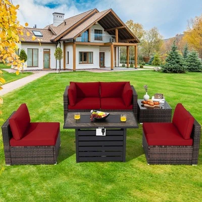 Costway 6PCS Patio Rattan Furniture Set 42'' Fire Pit Table Cover Sofa Cushion Off White/Black/Navy/Red/Turquoise 12 Costway 6PCS Patio Rattan Furniture Set 42'' Fire Pit Table Cover Sofa Cushion Off White/Black/Navy/Red/Turquoise - Image 12