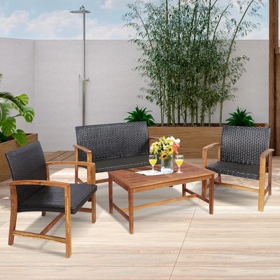 Costway 8PCS Outdoor Patio Rattan Furniture Set Acacia Wood Frame Sofa Loveseat Garden 3 Costway 8PCS Outdoor Patio Rattan Furniture Set Acacia Wood Frame Sofa Loveseat Garden - Image 3