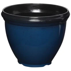 Southern Patio 12 Inch Heritage Outdoor Home Patio Round Glossy Resin Planter Pot For Flowers And Plants, Monaco Blue (3 Pack)