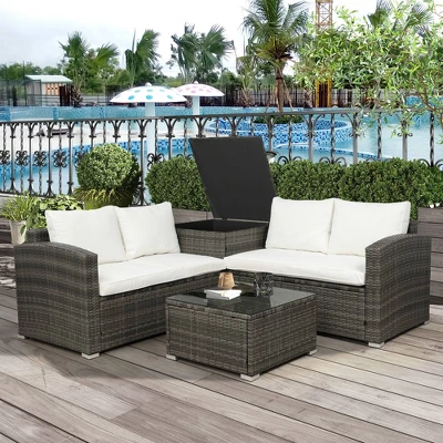 4pc Wicker Patio Conversation Set With Cushions - Gray/Beige - GODEER 1 4pc Wicker Patio Conversation Set With Cushions - Gray/Beige - GODEER
