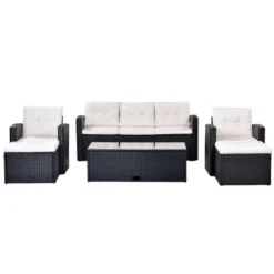 6pc Wicker Patio Conversation Set With Sofa, Arm Chairs, Ottomans & Coffee Table - Black/Beige - GODEER 24 6pc Wicker Patio Conversation Set With Sofa, Arm Chairs, Ottomans & Coffee Table - Black/Beige - GODEER -Garden Furniture Store GUEST 5a085aeb 68e9 4d4a b393 9eb8eed4f49d