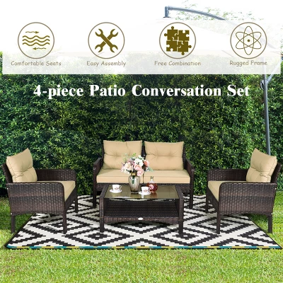 Costway 4PCS Patio Rattan Furniture Set Loveseat Sofa Coffee Table Sofa W/Cushion Garden 5 Costway 4PCS Patio Rattan Furniture Set Loveseat Sofa Coffee Table Sofa W/Cushion Garden - Image 5