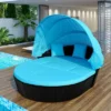6pc Wicker Round Outdoor Sectional Set With Cushions - Black/Blue - GODEER