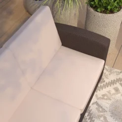 Merrick Lane Outdoor Furniture Resin Sofa Chocolate Brown Faux Rattan Wicker Pattern Patio 3-Seat Sofa With All-Weather Beige Cushions -Garden Furniture Store GUEST 5b573cb1 804a 4d88 86d1 e6829f56b906