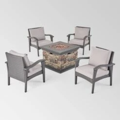 Kaula 5pc Faux Rattan Club Chair & Fire Pit Chat Set - Christopher Knight Home