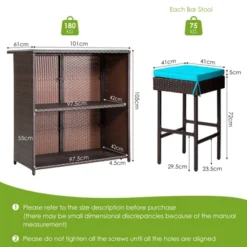 Tangkula 3PCS Patio Wicker Rattan Bar Set Table W/2 Turquoise Cushioned Stools -Garden Furniture Store GUEST 5c54ae17 d0db 4969 adc2 5e598a2513ba