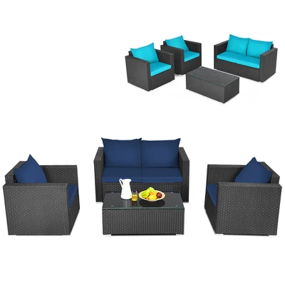 Costway 4PCS Patio Rattan Furniture Set Cushioned Sofa Loveseat With Navy & Turquoise Cover 1 Costway 4PCS Patio Rattan Furniture Set Cushioned Sofa Loveseat With Navy & Turquoise Cover