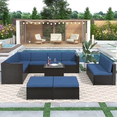 9pc Wicker Patio Sectional Seating Set With Cushions - Brown/Blue - GODEER 1 9pc Wicker Patio Sectional Seating Set With Cushions - Brown/Blue - GODEER