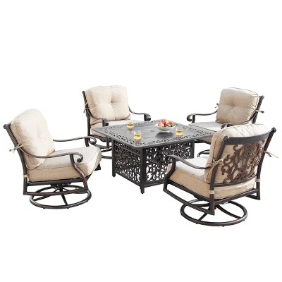 5pc Set With 42" Square Outdoor Aluminum Fire Table & Four Swivel Rocking Chairs & Wind Block - Oakland Living 1 5pc Set With 42" Square Outdoor Aluminum Fire Table & Four Swivel Rocking Chairs & Wind Block - Oakland Living