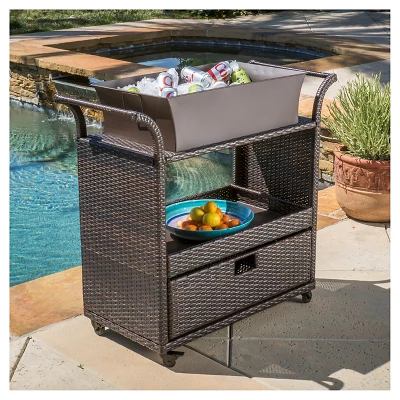 Ravenna Wicker Patio Bar Cart With Ice Bin - Brown - Christopher Knight Home 1 Ravenna Wicker Patio Bar Cart With Ice Bin - Brown - Christopher Knight Home
