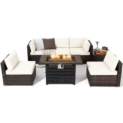Tangkula 7PCS Patio Rattan Furniture Set 42" Fire Pit Table W/ Cover Cushioned 10 Tangkula 7PCS Patio Rattan Furniture Set 42" Fire Pit Table W/ Cover Cushioned - Image 10