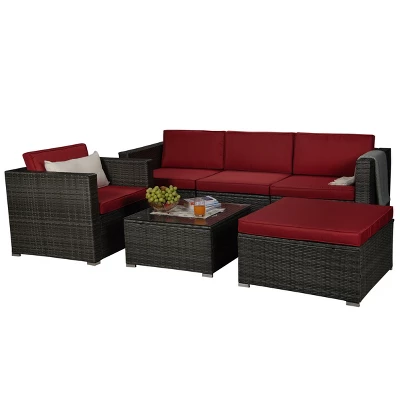 6pc Outdoor Rattan Wicker Conversation Set With Chairs, Coffee Table & Cushions - Gray/Red - GODEER 10 6pc Outdoor Rattan Wicker Conversation Set With Chairs, Coffee Table & Cushions - Gray/Red - GODEER - Image 10