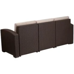 Merrick Lane Outdoor Furniture Resin Sofa Chocolate Brown Faux Rattan Wicker Pattern Patio 3-Seat Sofa With All-Weather Beige Cushions -Garden Furniture Store GUEST 6b9eece8 3b70 4fb1 a4ab a8419fd02fd4