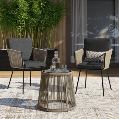 Barton 3PCS Outdoor Patio Conversation Set Chat Bistro Set (2) Chairs Armrest And Glass Table, Grey 1 Barton 3PCS Outdoor Patio Conversation Set Chat Bistro Set (2) Chairs Armrest And Glass Table, Grey