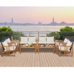 Costway 8PCS Patio Mix Brown Wicker Sofa Set Acacia Wood Frame With Seat & Back Cushions -Garden Furniture Store GUEST 710d51ca a0e8 40e0 873d faa241fb5502