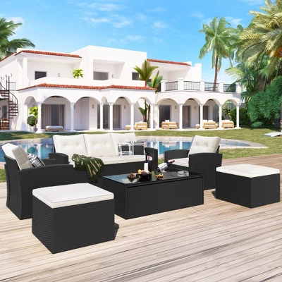 6pc Wicker Patio Conversation Set With Sofa, Arm Chairs, Ottomans & Coffee Table - Black/Beige - GODEER 2 6pc Wicker Patio Conversation Set With Sofa, Arm Chairs, Ottomans & Coffee Table - Black/Beige - GODEER - Image 2