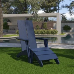 Emma And Oliver Indoor/Outdoor Modern 2-Slat Adirondack Style Chair And Footrest