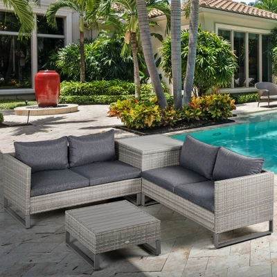 Outsunny 4 Piece Patio Furniture Set, Outdoor Sofa Set With 2 Loveseats, Cushions, Coffee Table, Storage Side Table, PE Rattan Wicker, Gray 1 Outsunny 4 Piece Patio Furniture Set, Outdoor Sofa Set With 2 Loveseats, Cushions, Coffee Table, Storage Side Table, PE Rattan Wicker, Gray