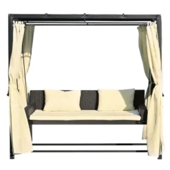Patio Outdoor 3-Seat PE Rattan Swing Bed With Adjustable Curtains-ModernLuxe -Garden Furniture Store GUEST 744425e4 ff77 4b89 b2e5 c84f3eee2e78