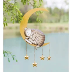 Wind & Weather Lighted Hanging Metal Moon With Animals Indoor/Outdoor Decoration - Cat
