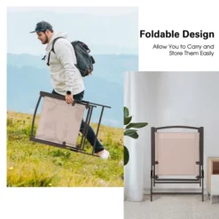 Costway 2 Pcs Patio Folding Sling Dining Chairs Armrests Steel Frame Outdoor Beige/Grey -Garden Furniture Store GUEST 76259281 fb1d 4ee6 9614 44d3b6ae0766