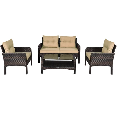 Costway 4PCS Patio Rattan Furniture Set Loveseat Sofa Coffee Table Sofa W/Cushion Garden 9 Costway 4PCS Patio Rattan Furniture Set Loveseat Sofa Coffee Table Sofa W/Cushion Garden - Image 9