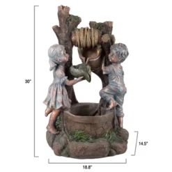 Nature Spring Outdoor Water Fountain Statue - Children At Well With LED Lights - 30", Brown
