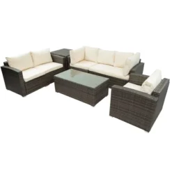 7pc Wicker Patio Seating Set With Cushions & Storage Box - Gray/Beige - GODEER -Garden Furniture Store GUEST 7ae3a558 b8ab 4515 aa99 90ae03f8f220