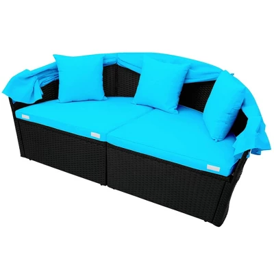 6pc Wicker Round Outdoor Sectional Set With Cushions - Black/Blue - GODEER 6 6pc Wicker Round Outdoor Sectional Set With Cushions - Black/Blue - GODEER - Image 6
