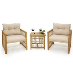 Costway 3PCS Patio PE Wicker Conversation Set Acacia Wood Frame WithSeat & Back Cushions -Garden Furniture Store GUEST 7ba25f43 89b6 4955 8234 ec984314fc7e