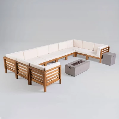 Oana 12pc Acacia U-Shaped Sectional Sofa Set With Fire Pit - Teak/Beige And Light Gray - Christopher Knight Home 1 Oana 12pc Acacia U-Shaped Sectional Sofa Set With Fire Pit - Teak/Beige And Light Gray - Christopher Knight Home