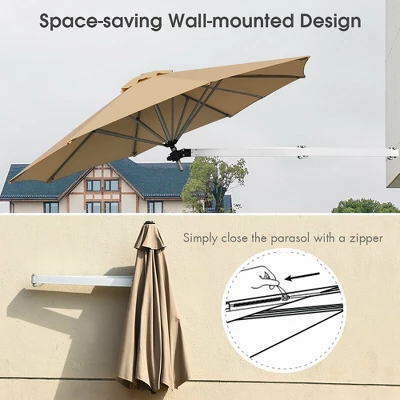 Costway 8ft Wall-Mounted Umbrella Telescopic Folding Tilt Sun Shade TanTurquoise 6 Costway 8ft Wall-Mounted Umbrella Telescopic Folding Tilt Sun Shade TanTurquoise - Image 6