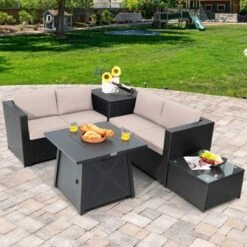 Tangkula 5PCS Outdoor Patio Furniture Set With 50,000 BTU Propane Fire Pit Table Patio Conversation Set W/ Cushions, Storage Box, Coffee Table Beige