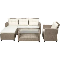 4pc Wicker Patio Sectional Seating Set With Cushions - Beige/Brown - GODEER -Garden Furniture Store GUEST 84e307d6 c22f 4c52 830c 8dedb79eadd6