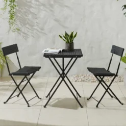 Folding Patio Bistro Set ? 3-Piece Rattan And Steel Caf� Table And Chairs For Porch Deck Garden Or Balcony Furniture By Lavish Home (Black) -Garden Furniture Store GUEST 8689916c 5f7d 4b7e 8d20 527013047994