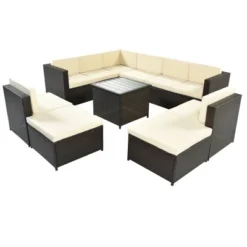 9pc Wicker Patio Sectional Seating Set With Cushions - Beige - GODEER -Garden Furniture Store GUEST 86b3e0a5 cd5e 4a68 b3b4 d78ace58836b
