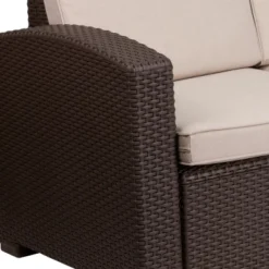 Merrick Lane Outdoor Furniture Resin Sofa Chocolate Brown Faux Rattan Wicker Pattern Patio 3-Seat Sofa With All-Weather Beige Cushions -Garden Furniture Store GUEST 87b63d5e 8070 4e19 bcee edf465ae655c