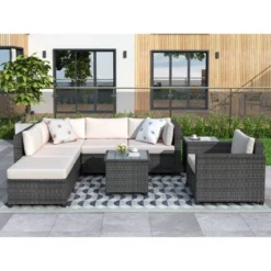8pc Wicker Patio Conversation Set With Cushions - Beige - GODEER