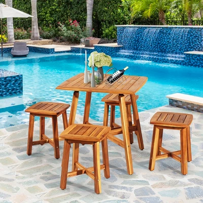 Costway 5PCS Acacia Patio Dining Set W/Square Table & 4 Stools Reddish Brown 1 Costway 5PCS Acacia Patio Dining Set W/Square Table & 4 Stools Reddish Brown