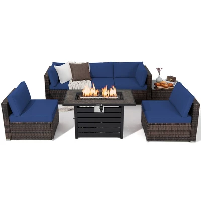 Tangkula 7PCS Patio Rattan Furniture Set 42" Fire Pit Table W/ Cover Cushioned 13 Tangkula 7PCS Patio Rattan Furniture Set 42" Fire Pit Table W/ Cover Cushioned - Image 13