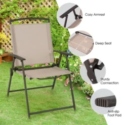 Costway 2 Pcs Patio Folding Sling Dining Chairs Armrests Steel Frame Outdoor Beige/Grey -Garden Furniture Store GUEST 8bc25b63 e80c 4176 aa1a 6a87406844ea
