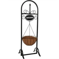 Sunnydaze Decor Sunnydaze Indoor/Outdoor Iron Construction Decorative Welcome Sign And Coco Grass Liner Hanging Basket Planter Stand - 48" H - Black -Garden Furniture Store GUEST 8c49d600 48b3 4112 a811 04cf52d26c6a