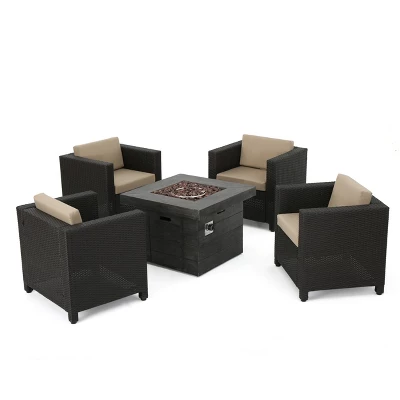 Puerta 5pc All-Weather Wicker Patio Club Chairs With Firepit Brown/Gray - Christopher Knight Home 1 Puerta 5pc All-Weather Wicker Patio Club Chairs With Firepit Brown/Gray - Christopher Knight Home