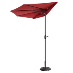Half Round Patio Umbrella With Easy Crank – Compact 9ft Semicircle Outdoor Shade Canopy For Balcony, Porch, Or Deck By Nature Spring (Red)